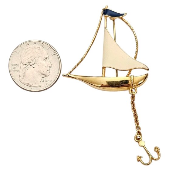 Fernando Originals Gold Tone Enamel Sail Boat Brooch Anchor Chain Dangle, L963 - Picture 6 of 8